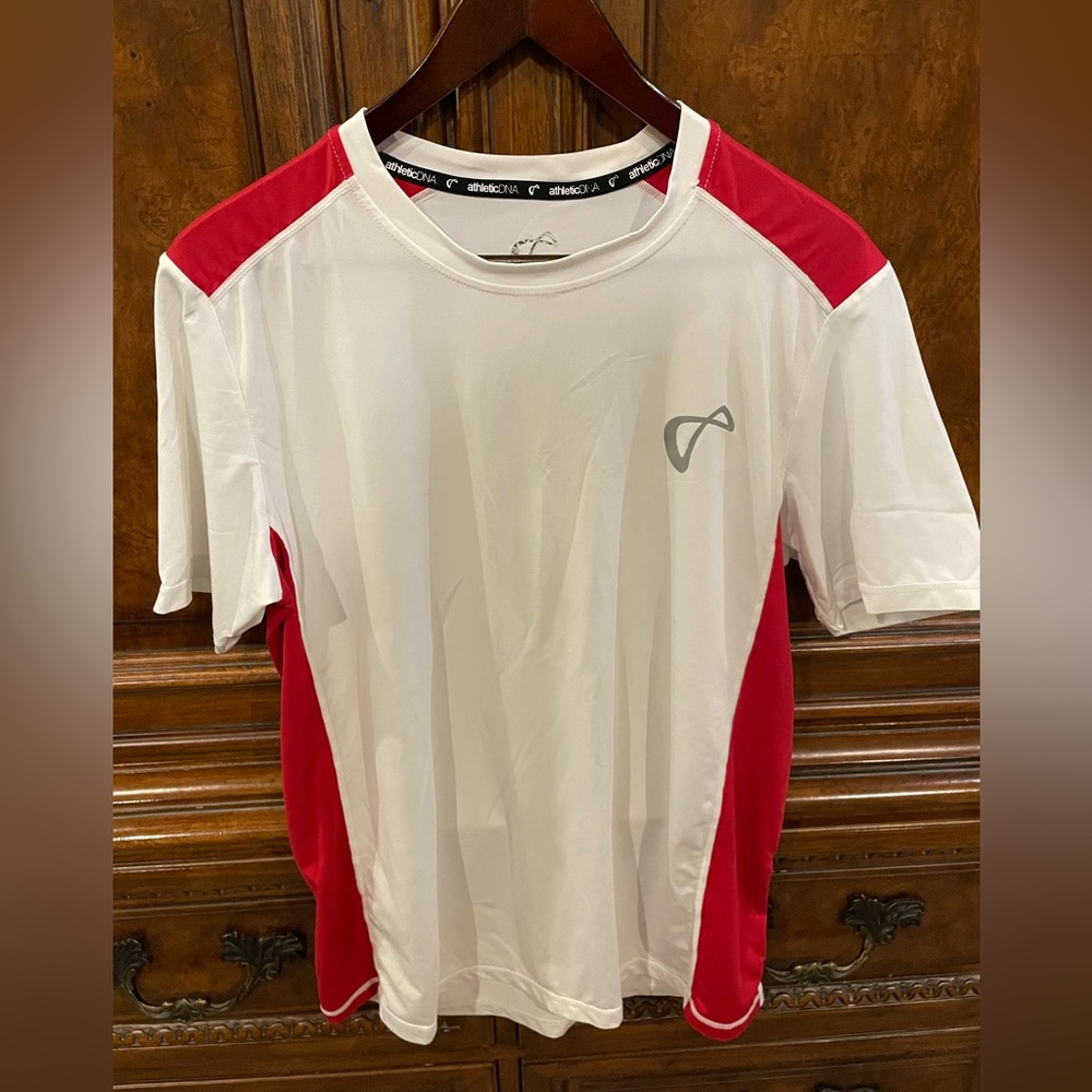 Men’s small Athletic DNA performance tee.  White w/red accents.